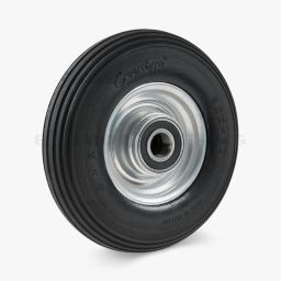 Räder mit Microcellular-Polyurethan-Bereifung – Stahlblechfelge, verzinkt, schwarzer, spurfreier Reifen mit Rillenprofil.