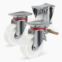 Lenk- und Bockrollen mit Polyamid-Rädern – Gestell aus verstärktem Stahlblech, glanzverzinkt.